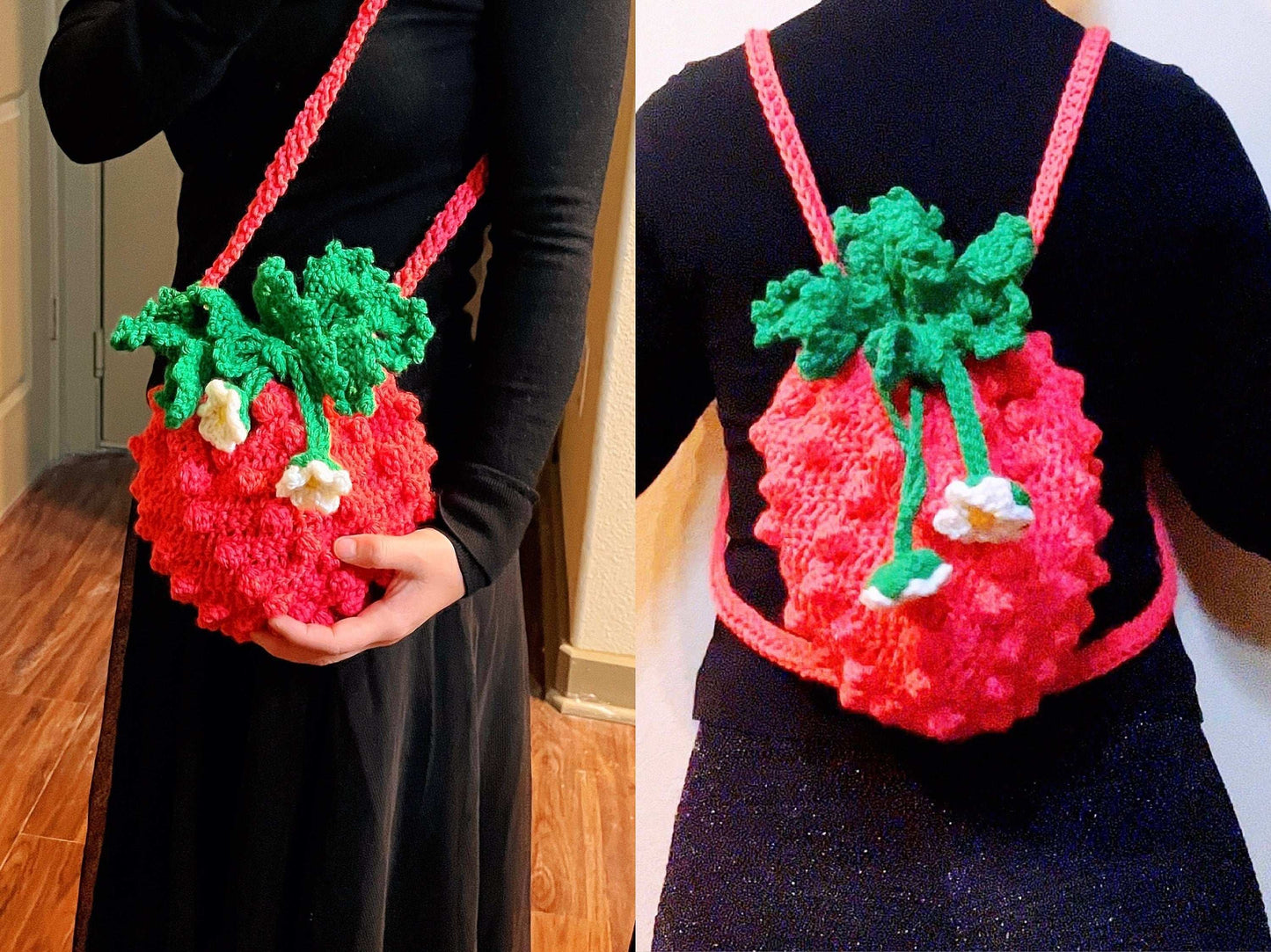 Finished Crochet Strawberry Backpack and Shoulder Bag